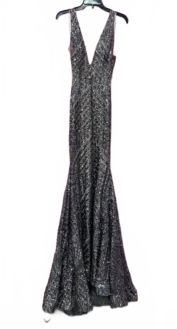 NEW JOVANI women's sequin embellished v neck gown in charcoal